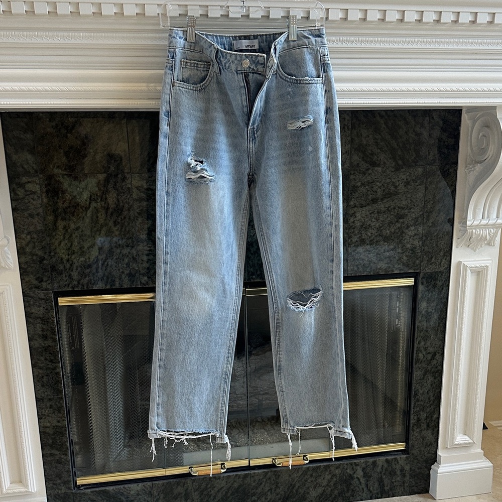VERVET BY FLYING MONKEY Ripped Light Blue Straight Leg Jeans